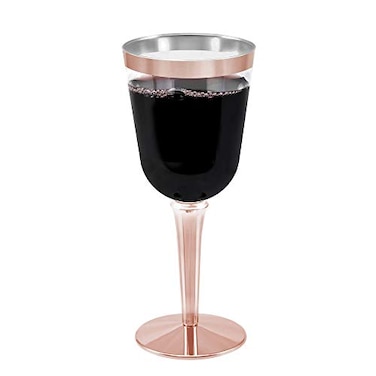 BloominGoods 50 Rose Gold Rimmed Disposable Plastic Wine Glasses Large 10 oz Premium Clear Hard Plastic Fancy Wine Cups for Weddings Events 50Pack