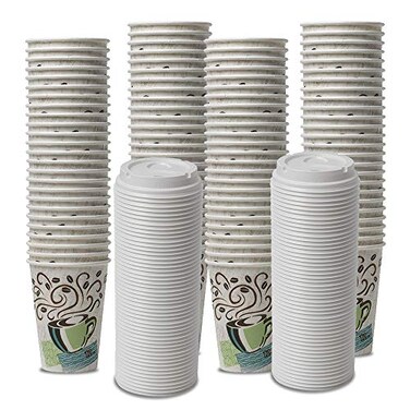 Paper Plates/Bowls Dixie PerfecTouch WiseSize Coffee Design Insulated Paper Cup 12oz Cups and Lids Bundle 12 oz 100 Cups 100 Lids