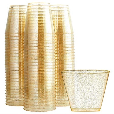 WDF 200pcs 9OZ Gold CupsDisposable Premium Wedding Gold Glitter Plastic Cups for Party Baby Shower Wedding Spring