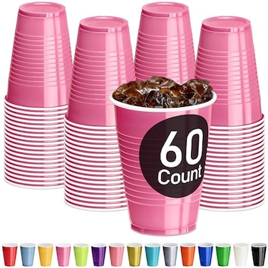 DecorRack Pink Plastic Cups 12 oz Disposable Cups Party Supplies 60 Count
