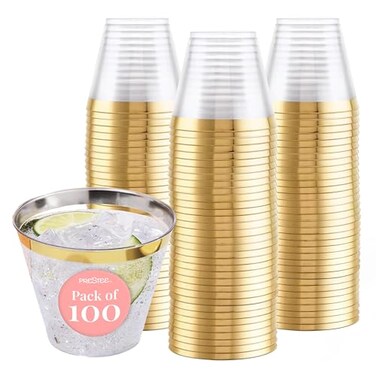 Prestee 100Pack 9oz Gold Rimmed Plastic Cups Disposable Wine Glasses for Charcuterie Weddings Parties and Events Elegant Cocktail and Drinking Cups for Champagne Martini and Mocktails