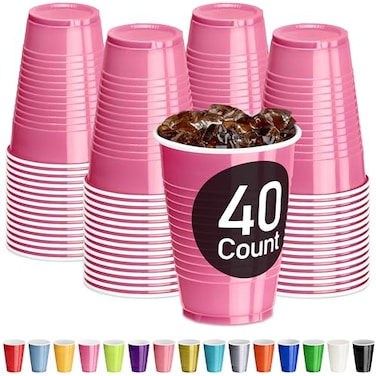 DecorRack Pink Plastic Cups 12 oz Disposable Cups Reusable Party Supplies 40 Count