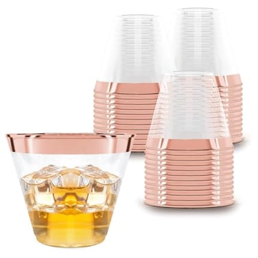 Prestee 100 Rose Gold Plastic Cups Rose Gold Plastic Cups 9 oz Party Decorations Disposable Wine Cup Clear Cup Bulk Party Wine Glasses