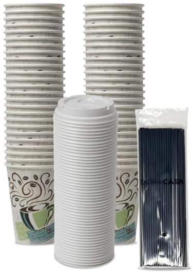 DuraCasa Straws and Coffee Design Insulated Paper Cup 12oz Cups Lids and Drinking Sticks Set 12 oz 50 Cups 50 Lids 50 Straws