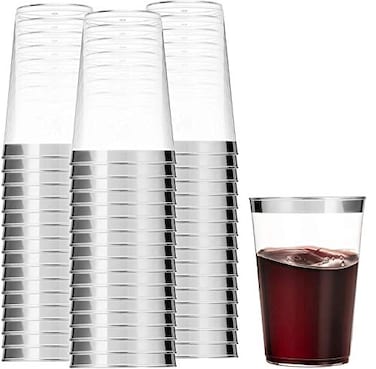 Munfix Silver Plastic Tumblers 10 Oz Clear Cups with Silver Rim Fancy Disposable Wedding Party Cups