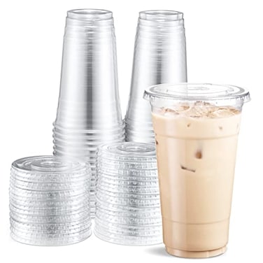 Eupako 24 oz Plastic Cups with Lids Clear Disposable To Go Cups with Lids for Iced Coffee Cold Drinks Smoothies Bubble Boba 50 Sets
