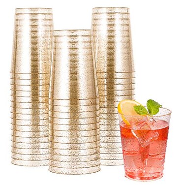 JOLLY CHEF 50 Pack 10 oz Gold Plastic Cups Disposable Gold Glitter Plastic Cups Perfect for Wedding Thanksgiving HalloweenChristmas Parties