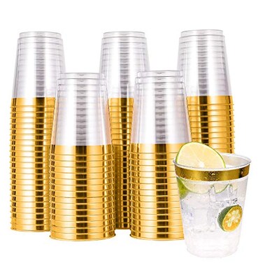JOLLY CHEF 100 Pack 10 oz Gold Plastic Cups Clear Plastic Glasses Tumblers Elegant Gold Rimmed Disposable Cups Perfect for Weddings Thanksgiving Day Christmas