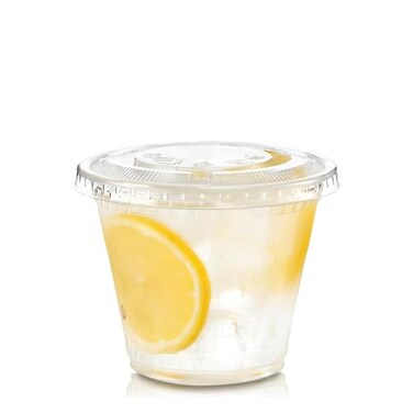 Fit Meal Prep 100 Pack 9 oz Clear Plastic Cups with Flat Lids Disposable Iced Coffee Cups BPA Free Premium Crystal Smoothie Cup for Party Lemonade Stand Cold Drinks Juice Milkshake