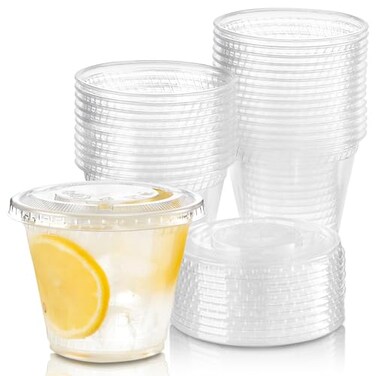 Fit Meal Prep 50 Pack 9 oz Clear Plastic Cups with Flat Lids Disposable Iced Coffee Cups BPA Free Premium Crystal Smoothie Cup for Party Lemonade Stand Cold Drinks Juice Milkshake