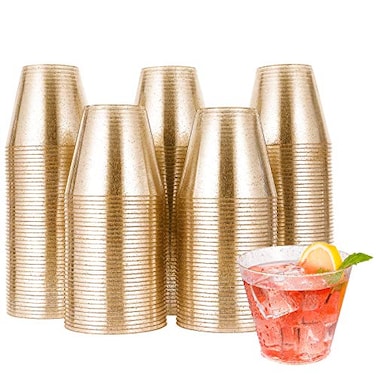 JOLLY CHEF 200 Pack 9 oz Glitter Plastic Cups Disposable Gold Cups Clear Plastic Tumblers for Wedding Thanksgiving Christmas Party
