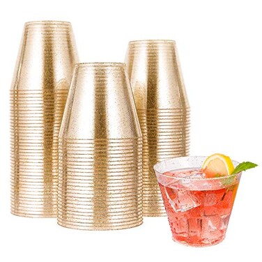 JOLLY CHEF 100 Pack 9 oz Gold Plastic Cups Disposable Gold Glitter Plastic Cups Perfect for Wedding Thanksgiving Christmas Party Cups