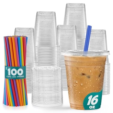 GUSTO 16 oz 100 Count Clear Cups with Flat Lids Straws Disposable Clear Drinking Cups for Iced Coffee Cold Drinks Milkshakes and Smoothies Formerly Comfy Package