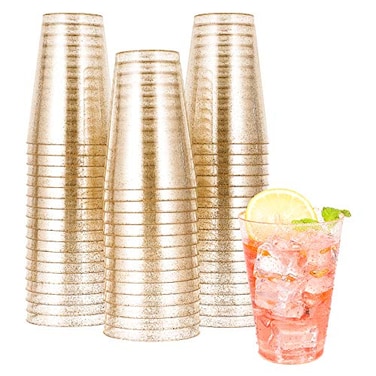 JOLLY CHEF 14 oz 50 Pack Gold Plastic Cups Disposable Gold Glitter Plastic Cups Tumblers Ideal for Wedding Halloween Thanksgiving Christmas Parties