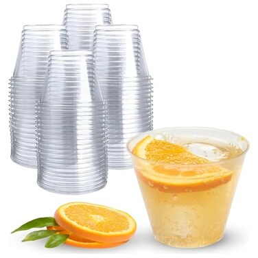 Prestee 50 Pack Plastic Cups 9 oz Clear Disposable Cups for Cold Beverages Cocktails and Desserts Durable Little Small Cup for Wine Smoothies Parties Events Catering and Everyday Gatherings