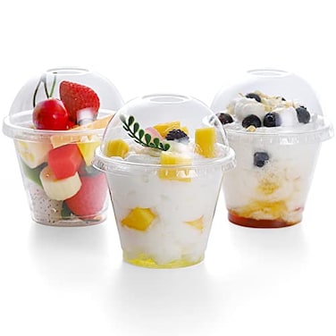 TashiBox 9 Ounce 100 Pack plastic cups with dome lids Plastic Cocktail Glasses with lids Plastic Drinking Cups with Lids Bulk Party Cups Wedding Tumblers