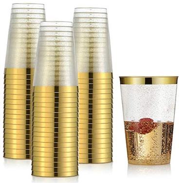 CHATEAU FINE 100 Gold Plastic Cups 12 oz Gold Glitter with a Gold Rim Premium Disposable Party Cups Elegant and Classy Sturdy Cups Weddings Birthdays Anniversaries and Other Social Events