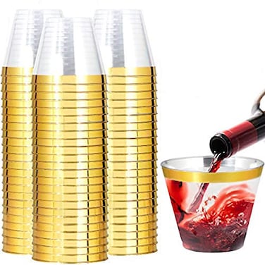 I00000 200 Pack Gold Plastic Cups 9 Oz Elegant Clear Plastic Cups Gold Rimmed Disposable Wine Glasses Fancy Disposable Party Cup Wedding Cup Drinking Tumblers Cocktail Glasses Perfect for Party