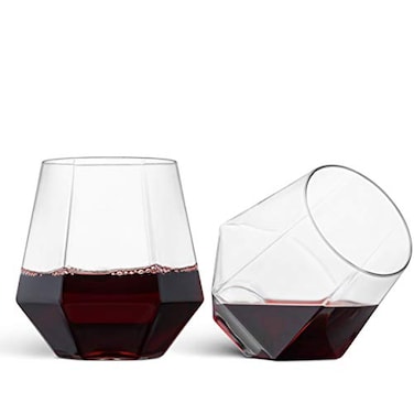Munfix Plastic Stemless Wine Glasses 32 Pack Diamond Shaped Unbreakable Disposable 12 Oz Clear Plastic Wine Champagne Whiskey Cups Shatterproof Recyclable and BPAFree