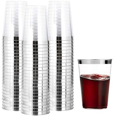 I00000 200pcs Silver Disposable Plastic Cups 10 oz Clear Plastic Cups Old Fashioned Tumblers Silver Rim Cup Disposable Elegant Silver Wine Glasses Cocktail Cup