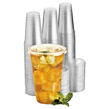 Green Direct 24 oz Disposable Cups With Lids Clear Plastic Cups With Lids Iced Coffee Cups For Bubble Boba Tea Cup and Flat Lid For Cold Drinking Smoothie 50 Sets
