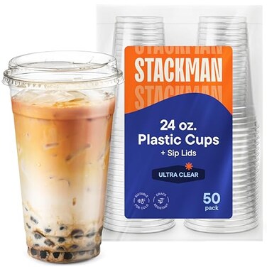 Stack Man 24 oz Clear Plastic Cups with Strawless SipLids 50 Sets PET Crystal Clear Disposable 16oz Plastic Cups with Lids Crystal Clear Durable Cup BPA Free Crack Resistant for Coffee Juice Shakes