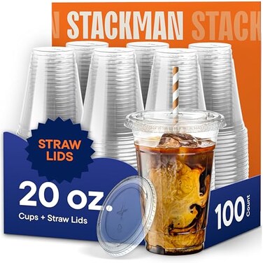 Stack Man 100 Sets 20 oz Clear Plastic Cups with Straw Slot Lid PET Crystal Clear Disposable 20oz Plastic Cups with lids