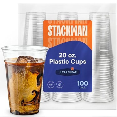 Stack Man 100 Pack 20 oz Clear Disposable Plastic Cups PET Crystal Clear Disposable 20oz Plastic Cups