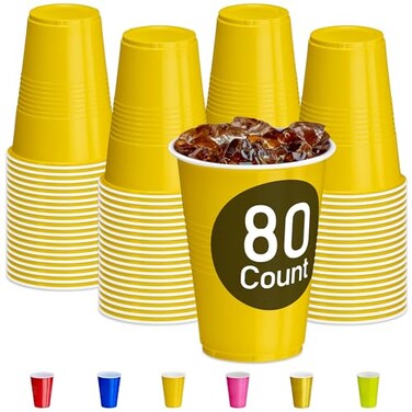 DecorRack 80 Count Yellow Party Cups 16 oz BPA Free Plastic Cups Perfect for Birthday Picnic Indoor and Outdoor Event Stackable Reusable Disposable Round Beverage Drinking Cups 80 Pack