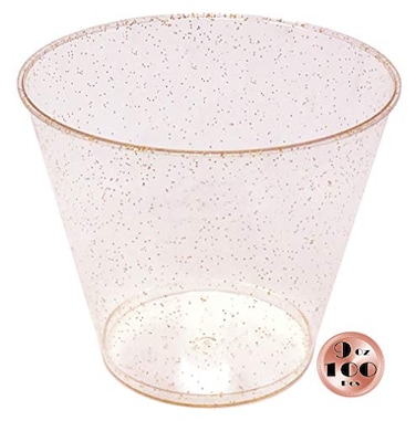 JL Prime 100 Rose Gold Glitter Plastic Cups 9 Oz Reusable and Recyclable Elegant Rose Gold Glitter Tumblers for Weddings Anniversaries Showers Parties Small Drinking Cups