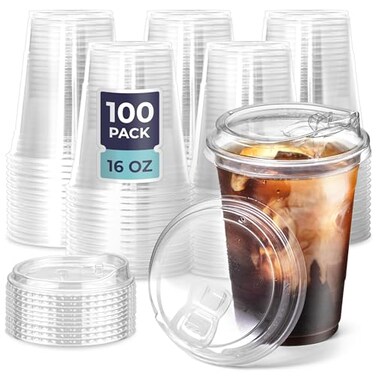 Fit Meal Prep 100 Pack 16 oz Clear Plastic Cups With Strawless Sip Lids Disposable To Go Cups for Iced Coffee Smoothies Soda Party Drinks Bubble Tea Cold Beverage