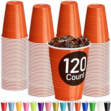 DecorRack Orange Plastic Cups 12 oz Disposable Cups Reusable Party Supplies 120 Count