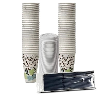 DuraCasa Straws and Coffee Design Insulated Paper Cup 16oz Cups Lids and DrinkingStirring Sticks Set 16 oz 50 Cups 50 Lids 50 Straws