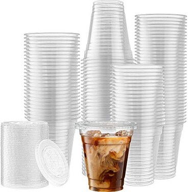 ELEGANT DISPOSABLES Crystal Clear PET Cups With Flat lids for Iced Coffee 12 oz