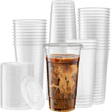 ELEGANT DISPOSABLES Crystal Clear PET Cups With Flat lids for Iced Coffee 32 oz
