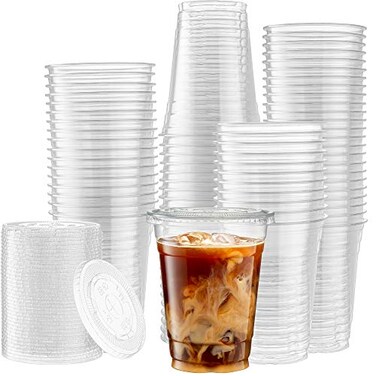 ELEGANT DISPOSABLES Crystal Clear PET Cups With Flat lids for Iced Coffee 16 oz