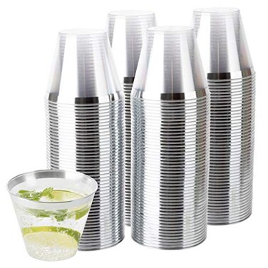 PLASTICPRO 9 oz Disposable Plastic Party CupsOld fashioned Designed Tumblers Crystal Clear Clear With Silver Rim 200