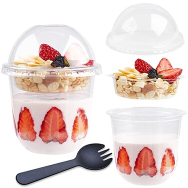 TOFLEN 12 oz Clear Plastic Yogurt Parfait Cups with Lids Disposable To Go Cereal Cups for Breakfast Snack Fruit Veggies and Dips 50 CupsInsertsSporksDome Lids