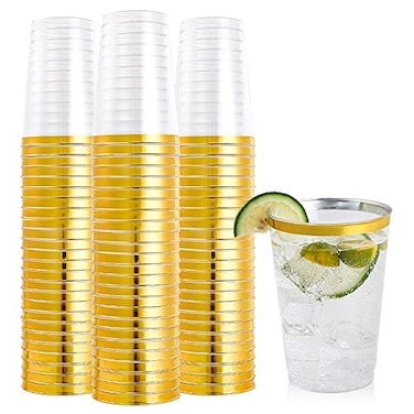 FOCUSLINE 100 Pack 12 oz Gold Rimmed Plastic Cups 12 Ounce Clear Plastic Tumblers Heavyduty Fancy Disposable Hard Cups with Gold Rim for Wedding