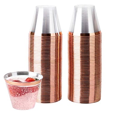 PLASTICPRO 9 oz Disposable Plastic Party CupsOld fashioned Designed Tumblers Crystal Clear Clear With Rose Gold Rim 200