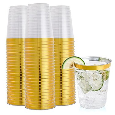 FOCUSLINE 10 oz Gold Plastic Cups Disposable Clear Fancy Hard Plastic Cups Gold Rimmed Heavy Duty Reusable100 Count