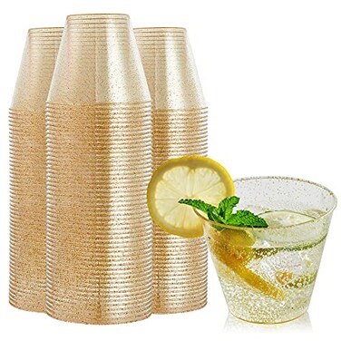 FOCUSLINE 9 oz Gold Plastic Cups Disposable Clear Fancy Hard Plastic Cups Gold Glitter Heavy Duty Reusable100 Count