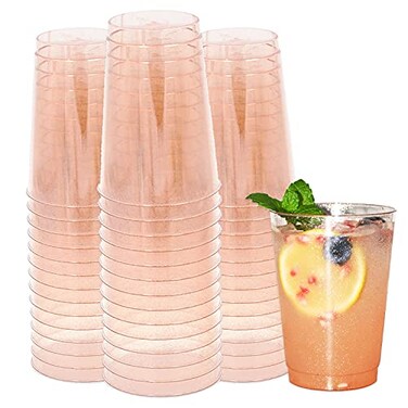 Homy Feel 12 Oz Rose Gold Glitter Plastic Cups 50PCS Disposable Cocktail Wine Cups for Wedding Party Valentines Day
