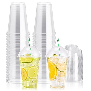 JOLLY PARTY 100 PACK 16 oz Clear Plastic Cups with Dome Lids Disposable Dessert Cups Parfait Cup for Ice Cream Iced Cold Coffee Drinks Cupcake Fruit for Party