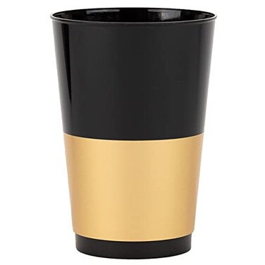 PLASTICPRO Disposable 12 oz Black Plastic Tumblers With Gold Band for Partys Weddings pack of 40