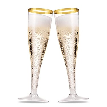 Munfix 50 Pack Gold Rimmed Plastic Champagne Flutes 5 Oz Clear Plastic Toasting Glasses Fancy Disposable Wedding Party Cocktail Cups with Gold Rim