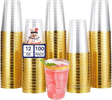 JOLLY CHEF 100 Pack Gold Plastic Disposable Cups 12 oz Clear Plastic Cups Tumblers Elegant Gold Rimmed Disposable Glasses for Wedding Thanksgiving Day Christmas