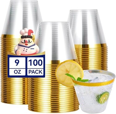 JOLLY CHEF 100 Pack Gold Plastic Cups 9 oz Clear Plastic Tumblers Elegant Gold Rimmed Cups Disposable Glasses for Wedding Thanksgiving Day Christmas Party