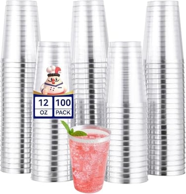 JOLLY CHEF 100 Pack Silver Plastic Cups 12 oz Clear Plastic Cups Tumblers Elegant Silver Rimmed Disposable Drink Glasses for Party Wedding Thanksgiving Day Christmas