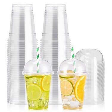 JOLLY PARTY 100 PACK 12 oz Clear Plastic Cups with Dome Lids Disposable Dessert Parfait Cups for Ice Cream Iced Cold Coffee Drinks Cupcake Fruit for Party